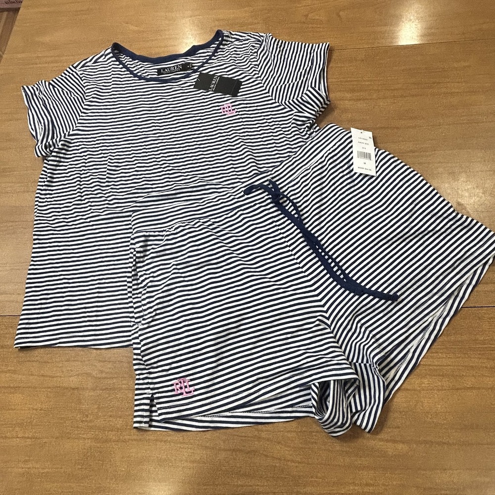 Lauren Ralph Lauren Pajama Set Womens M Navy Stripe Jersey Shorts 2 Piece NWT